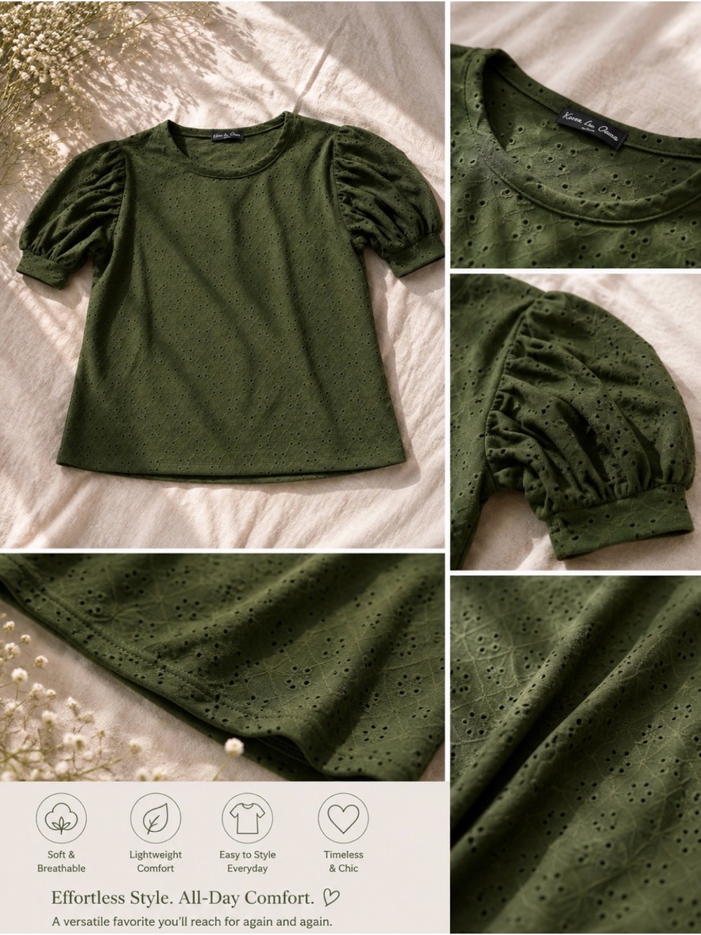 Kim & Cami Olive Green Eyelet Puff-Sleeve Top